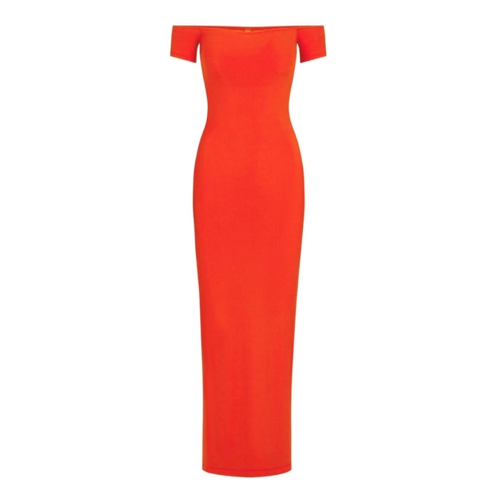 NWT SKIMS SOFT LOUNGE OFF THE SHOULDER DRESS IN FIRE